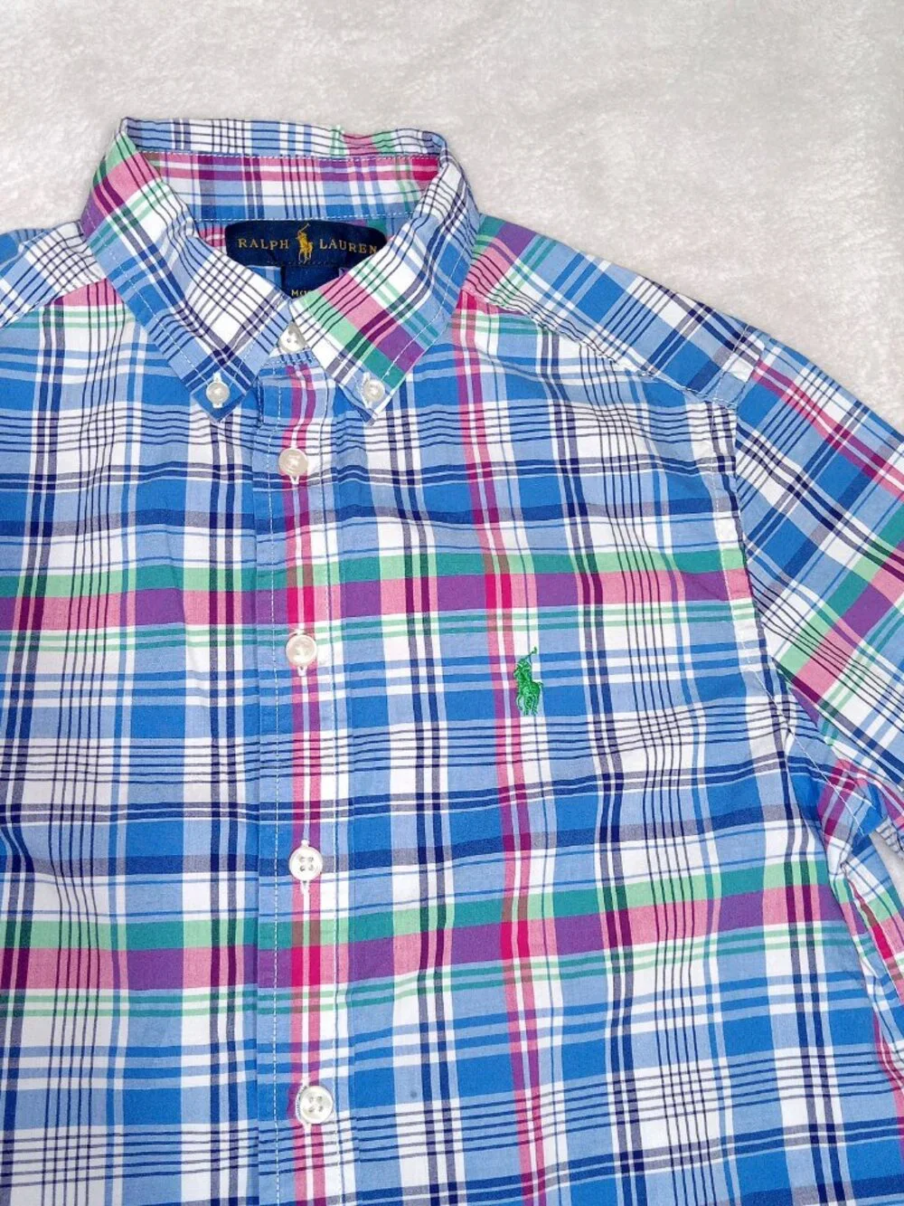 Ralph Lauren Boys Plaid Button Down Shirt Size M 10/12 Blue Green Preppy Coastal